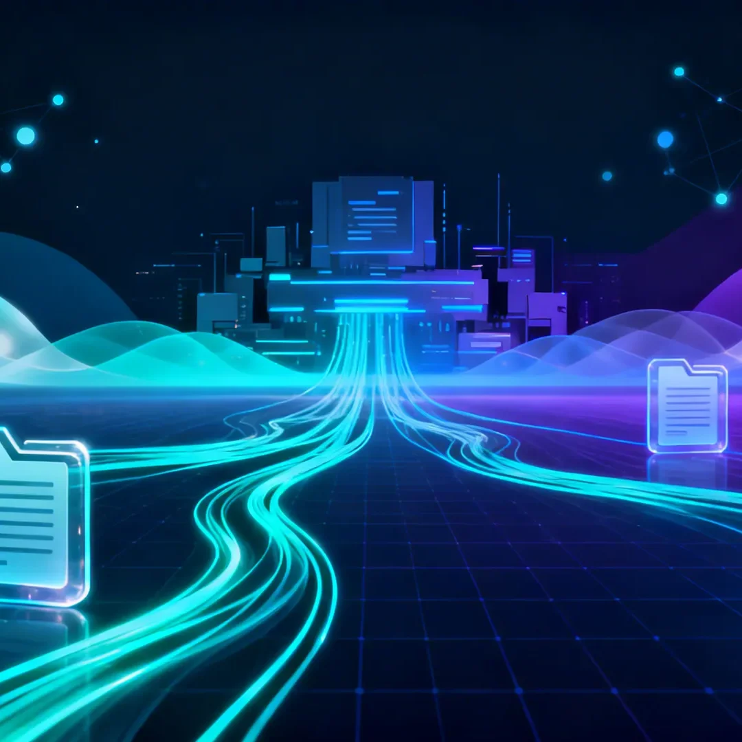 Kanzlei-OS – Digitale Dokumente fließen aus einem Bildschirm